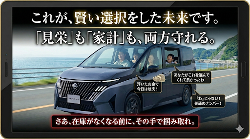 図解：クルカで日産セレナを契約した賢いパパの未来。「わ」ナンバーじゃない普通の自家用車で、家計も守りながら家族とドライブを楽しむ様子。