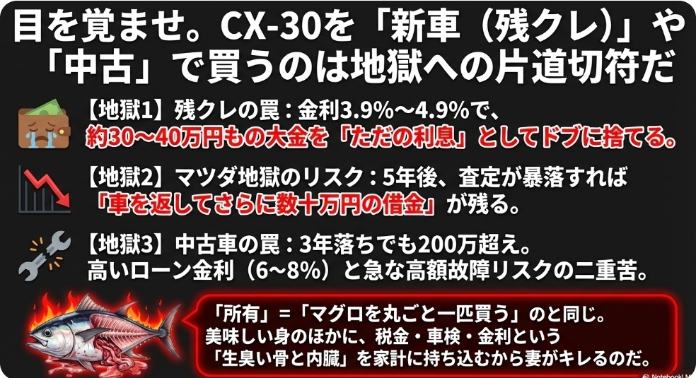 マツダCX-30を残クレや中古で買うデメリットを図解。ローン金利や残価割れリスク、維持費の高騰など購入前の注意点を解説
