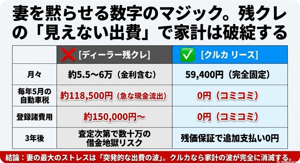 マツダCX-30の維持費比較表。残クレ（ディーラーローン）とカーリースクルカの3年間の出費（自動車税・車検代・初期費用）の違い