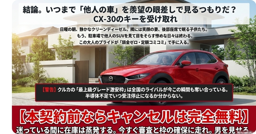 マツダCX-30に月額定額で乗るカーリースクルカのメリット総まとめ。在庫確保の手順と本契約前の無料キャンセルについて